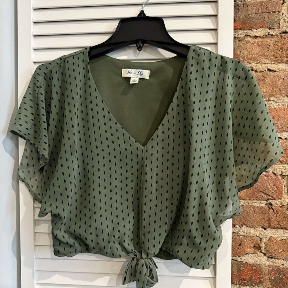 She + Sky Olive Tie-Front Blouse